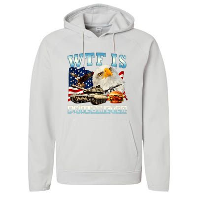 Wtf Is A Kilometer Eagle Badge American Funny 4th Of July Performance Fleece Hoodie