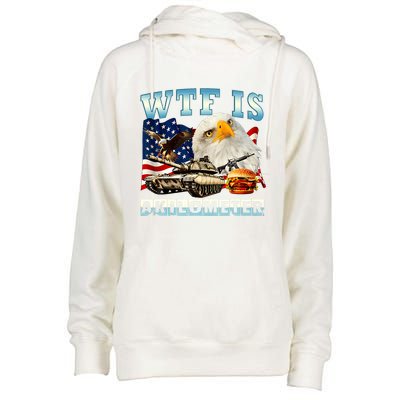 Wtf Is A Kilometer Eagle Badge American Funny 4th Of July Womens Funnel Neck Pullover Hood