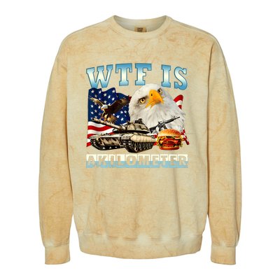 Wtf Is A Kilometer Eagle Badge American Funny 4th Of July Colorblast Crewneck Sweatshirt