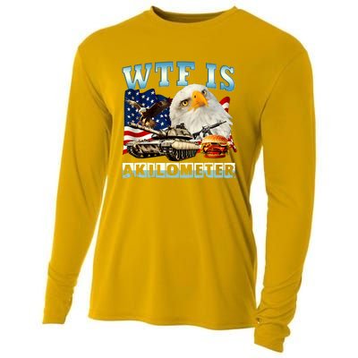 Wtf Is A Kilometer Eagle Badge American Funny 4th Of July Cooling Performance Long Sleeve Crew