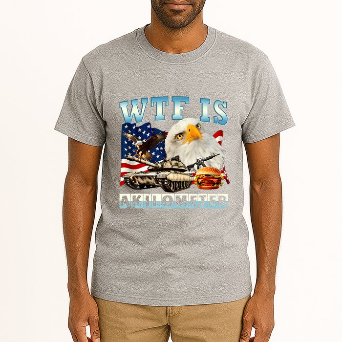 Wtf Is A Kilometer Eagle Badge American Funny 4th Of July Tall T-Shirt