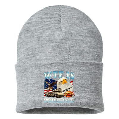 Wtf Is A Kilometer Eagle Badge American Funny 4th Of July Sustainable Knit Beanie
