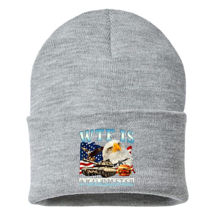 Wtf Is A Kilometer Eagle Badge American Funny 4th Of July Sustainable Knit Beanie