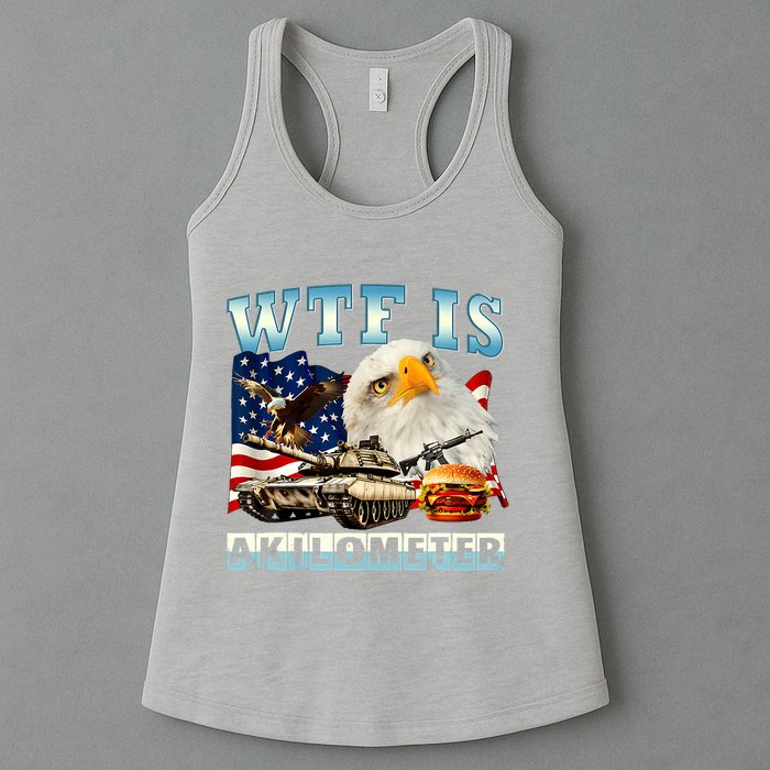 Wtf Is A Kilometer Eagle Badge American Funny 4th Of July Womens Tank Top