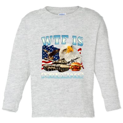 Wtf Is A Kilometer Eagle Badge American Funny 4th Of July Toddler Long Sleeve Shirt