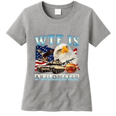 Wtf Is A Kilometer Eagle Badge American Funny 4th Of July Womens T-Shirt