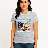 Wtf Is A Kilometer Eagle Badge American Funny 4th Of July Womens T-Shirt