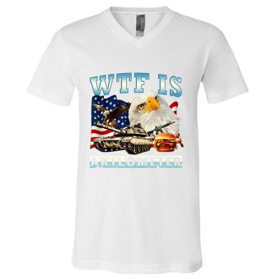 Wtf Is A Kilometer Eagle Badge American Funny 4th Of July V-Neck T-Shirt