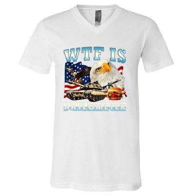 Wtf Is A Kilometer Eagle Badge American Funny 4th Of July V-Neck T-Shirt