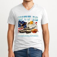 Wtf Is A Kilometer Eagle Badge American Funny 4th Of July V-Neck T-Shirt
