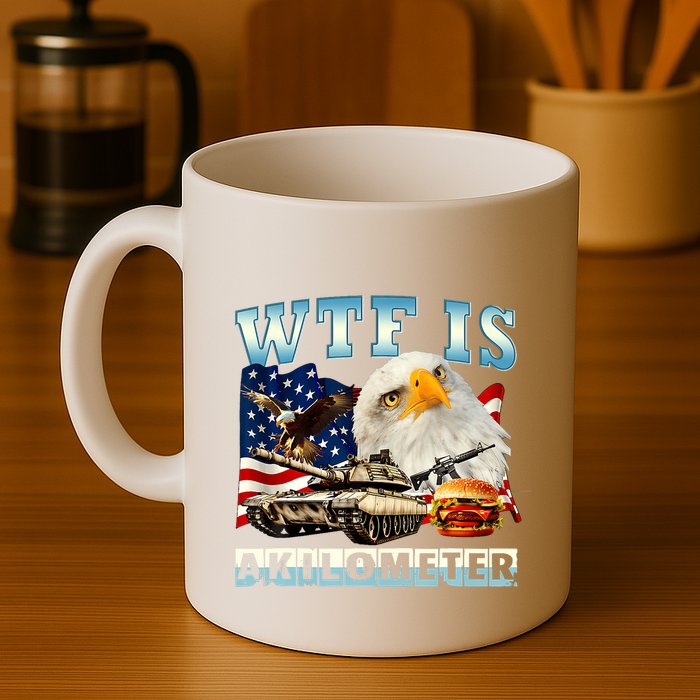 Wtf Is A Kilometer Eagle Badge American Funny 4th Of July Mug