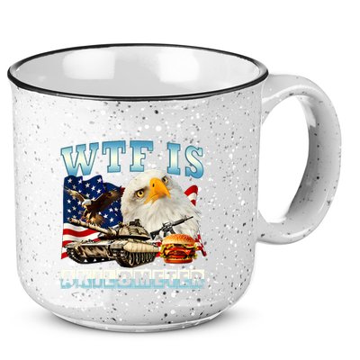 Wtf Is A Kilometer Eagle Badge American Funny 4th Of July 15oz Campfire Ceramic Mug