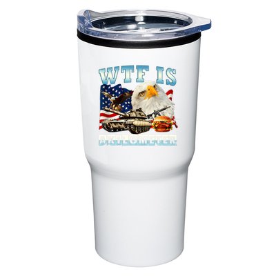 Wtf Is A Kilometer Eagle Badge American Funny 4th Of July Tumbler