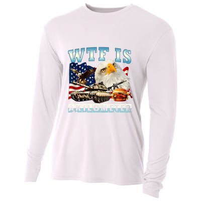 Wtf Is A Kilometer Eagle Badge American Funny 4th Of July Cooling Performance Long Sleeve Crew