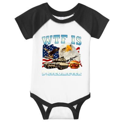 Wtf Is A Kilometer Eagle Badge American Funny 4th Of July Infant Baby Jersey Bodysuit
