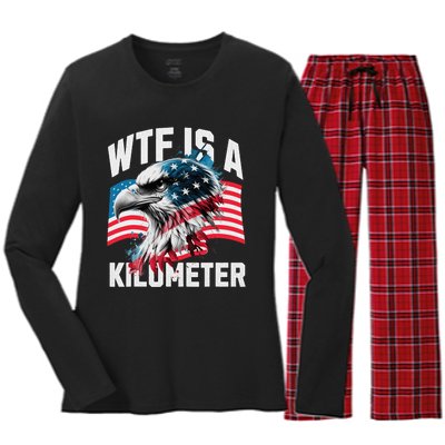 Wtf Is A Kilometer Eagle Badge American Vintage Humor Women's Long Sleeve Flannel Pajama Set 