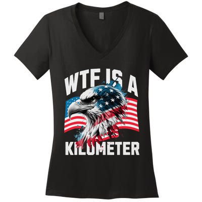 Wtf Is A Kilometer Eagle Badge American Vintage Humor Women's V-Neck T-Shirt