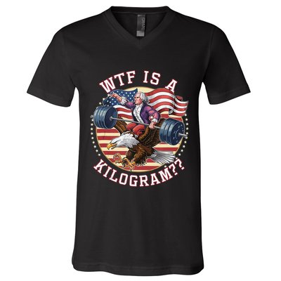 Wtf Is A Kilogram Funny 4th Of July Patriotic Eagle Usa V-Neck T-Shirt