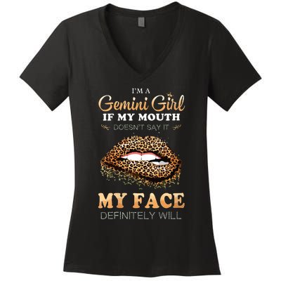 Womens Im A Gemini Girl Funny Leopard Printed Birthday VNeck Women's V-Neck T-Shirt