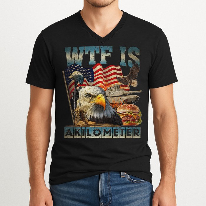 Wtf Is A Kilometer Eagle Badge American Burger 4th Of July V-Neck T-Shirt