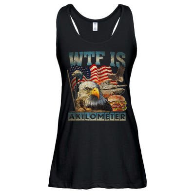 Wtf Is A Kilometer Eagle Badge American Burger 4th Of July Ladies Essential Flowy Tank