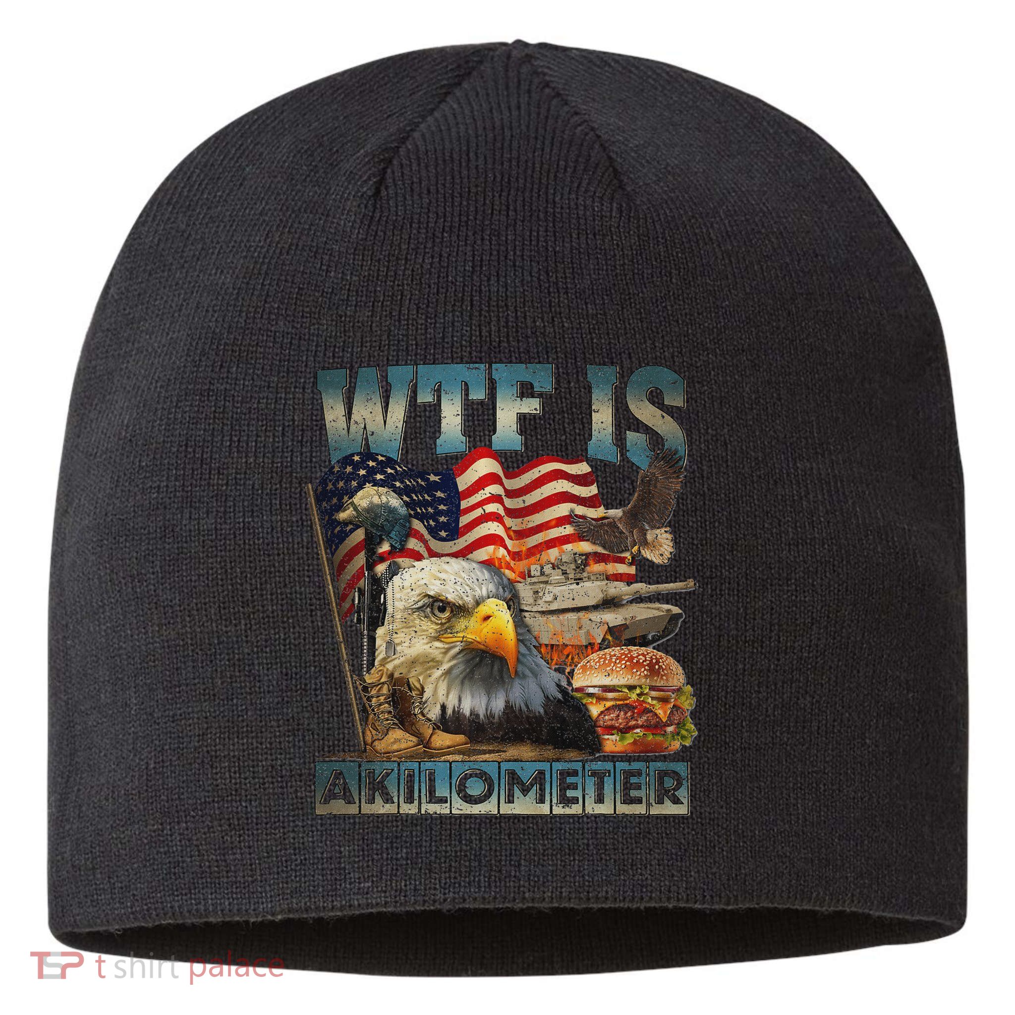 Wtf Is A Kilometer Eagle Badge American Burger 4th Of July Sustainable Beanie