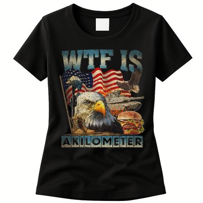 Wtf Is A Kilometer Eagle Badge American Burger 4th Of July Womens T-Shirt