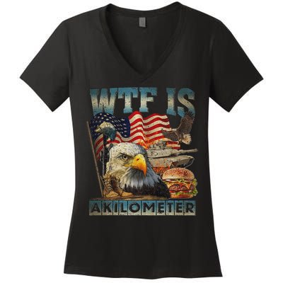 Wtf Is A Kilometer Eagle Badge American Burger 4th Of July Women's V-Neck T-Shirt