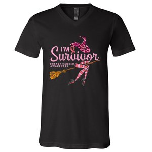 Witch Im A Survivor Halloween Breast Cancer Awareness V-Neck T-Shirt