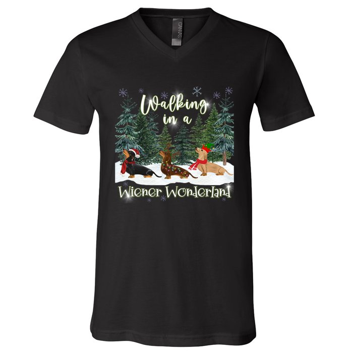 Walking In A Wiener Wonderland Dachshund Trio V-Neck T-Shirt