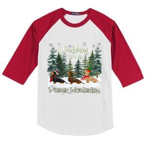 Walking In A Wiener Wonderland Dachshund Trio Kids Colorblock Raglan Jersey