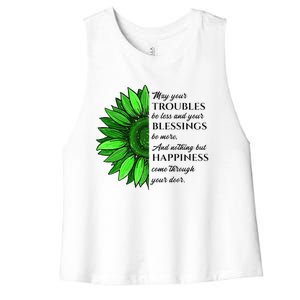 Women's Irish Blessing In Green Sunflower, St. Patricks Day Women's Racerback Cropped Tank