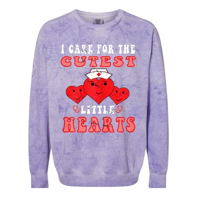 Womens I Care For The Cutest Little Hearts Groovy Nurse Valentines Colorblast Crewneck Sweatshirt