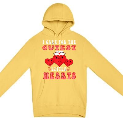 Womens I Care For The Cutest Little Hearts Groovy Nurse Valentines Premium Pullover Hoodie