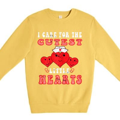 Womens I Care For The Cutest Little Hearts Groovy Nurse Valentines Premium Crewneck Sweatshirt