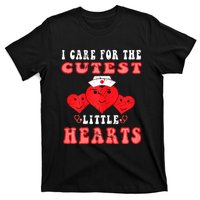 Womens I Care For The Cutest Little Hearts Groovy Nurse Valentines T-Shirt