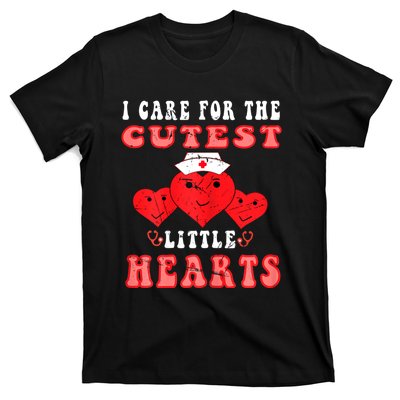 Womens I Care For The Cutest Little Hearts Groovy Nurse Valentines T-Shirt