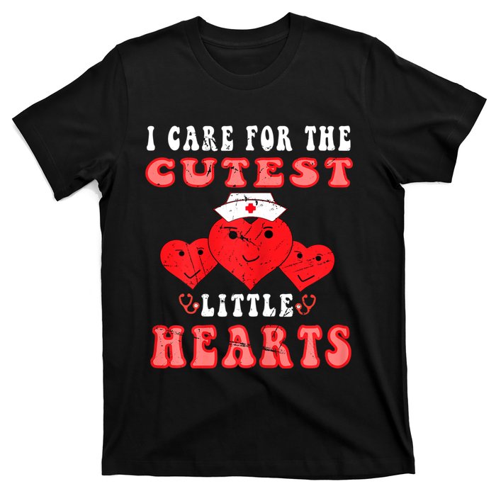 Womens I Care For The Cutest Little Hearts Groovy Nurse Valentines T-Shirt