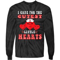 Womens I Care For The Cutest Little Hearts Groovy Nurse Valentines Tie-Dye Long Sleeve Shirt