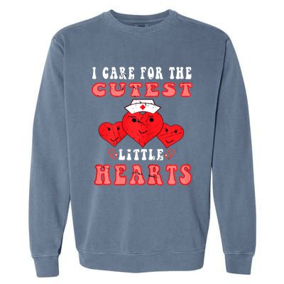 Womens I Care For The Cutest Little Hearts Groovy Nurse Valentines Garment-Dyed Sweatshirt