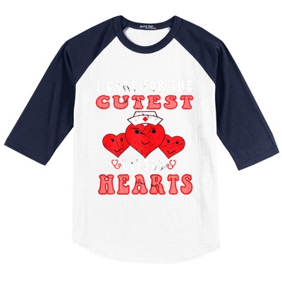 Womens I Care For The Cutest Little Hearts Groovy Nurse Valentines Baseball Sleeve Shirt