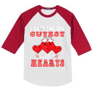 Womens I Care For The Cutest Little Hearts Groovy Nurse Valentines Kids Colorblock Raglan Jersey