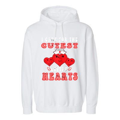 Womens I Care For The Cutest Little Hearts Groovy Nurse Valentines Garment-Dyed Fleece Hoodie