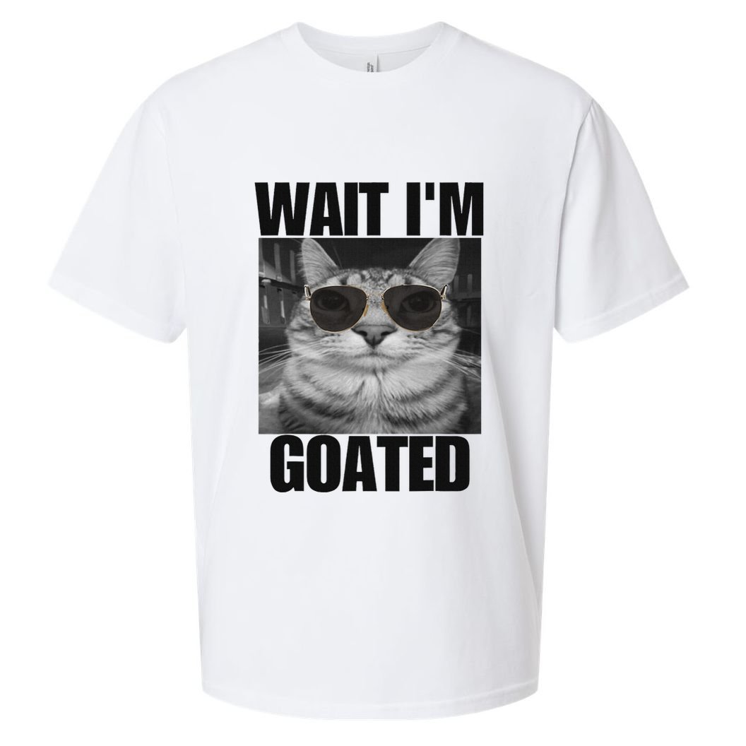 Wait IM Goated Funny Cat Meme Wearing Black Glasses Sueded Cloud Jersey T-Shirt