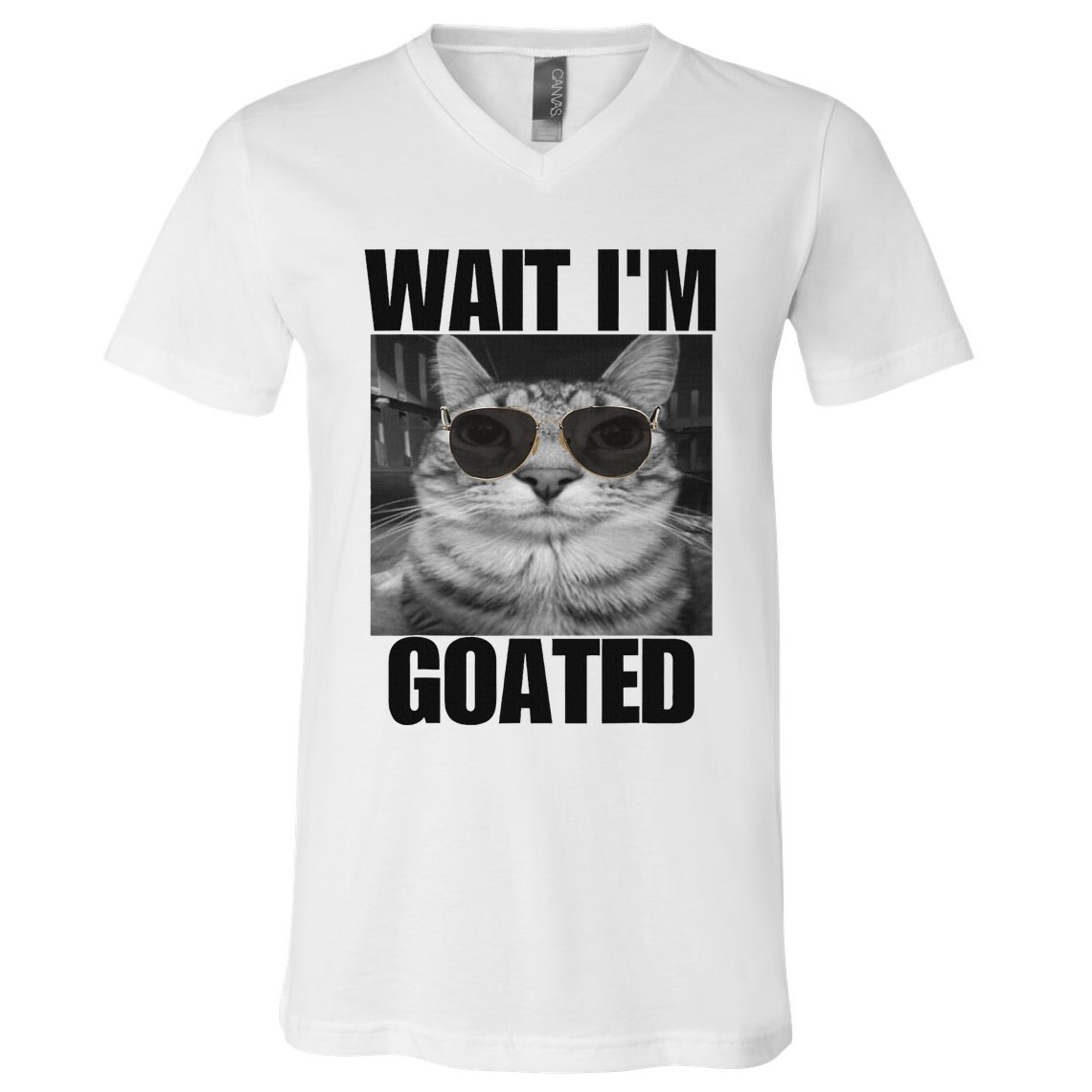 Wait IM Goated Funny Cat Meme Wearing Black Glasses V-Neck T-Shirt