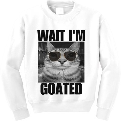Wait IM Goated Funny Cat Meme Wearing Black Glasses Kids Sweatshirt