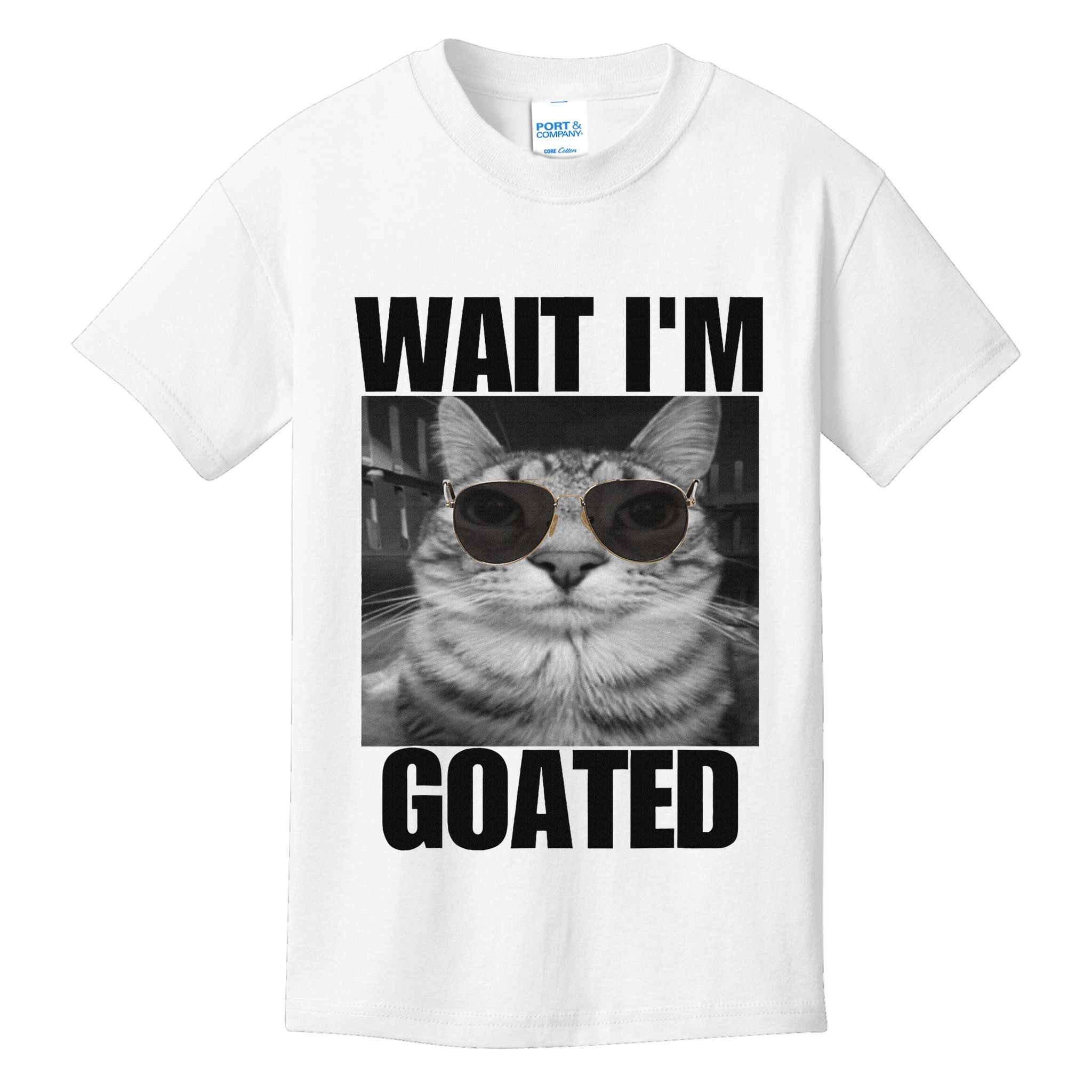 Wait IM Goated Funny Cat Meme Wearing Black Glasses Kids T-Shirt