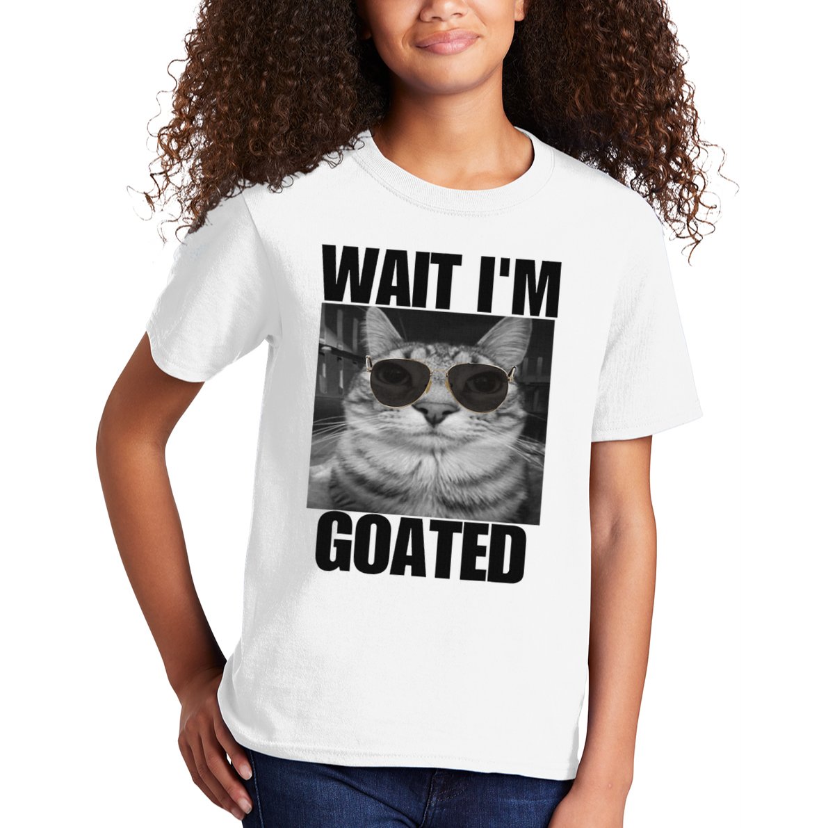 Wait IM Goated Funny Cat Meme Wearing Black Glasses Kids T-Shirt