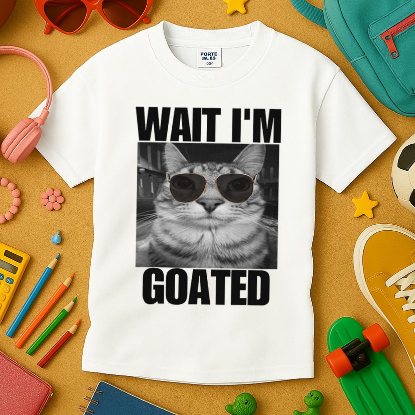 Wait IM Goated Funny Cat Meme Wearing Black Glasses Kids T-Shirt