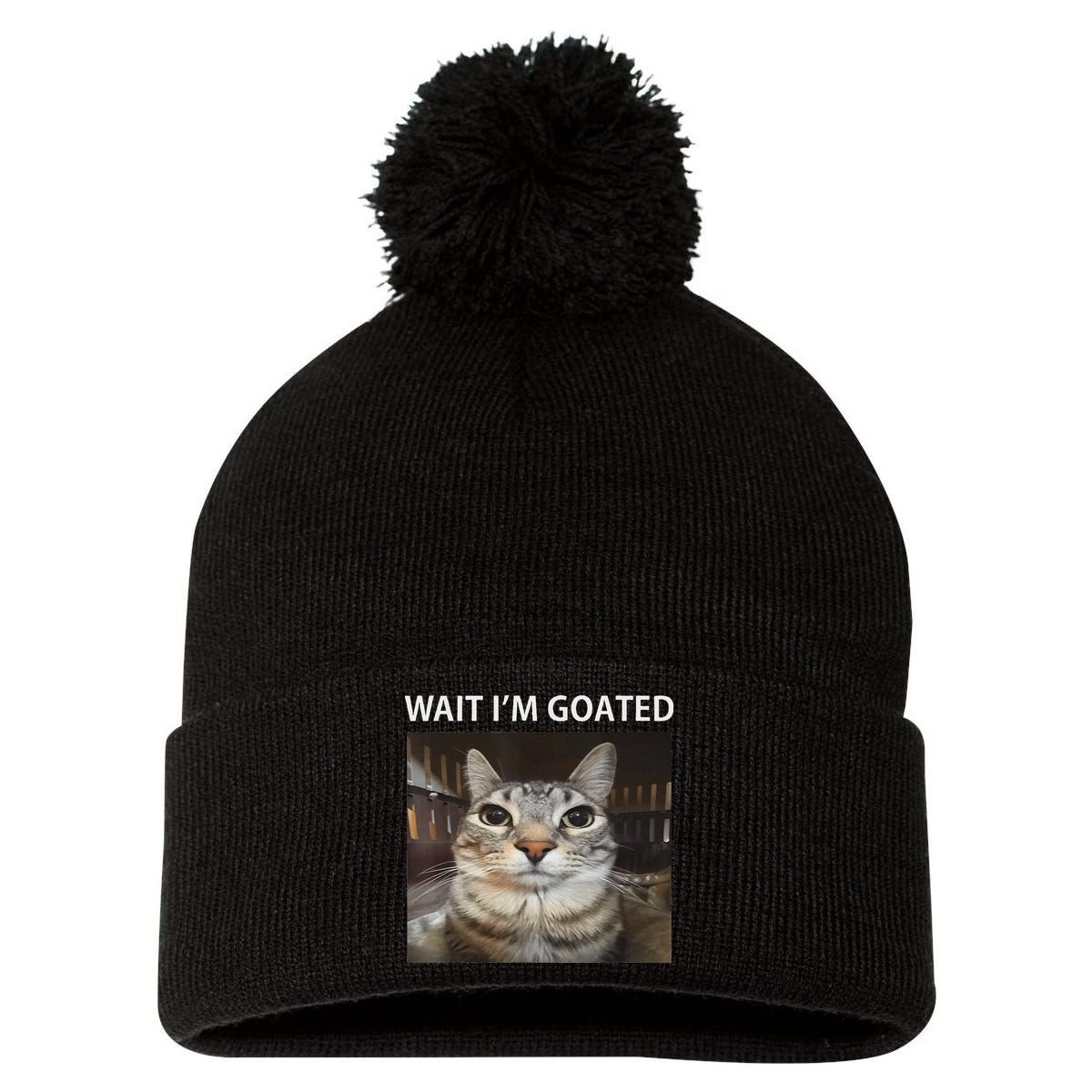 Wait IM Goated Silly Cat Meme Pom Pom 12in Knit Beanie
